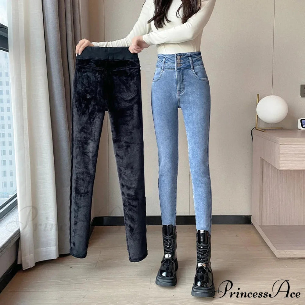 Winter Plus Velvet Warm Women Thickened High Waist Casual Slim Stretch Denim Trousers Skinny Pencil Pants Jean Retro