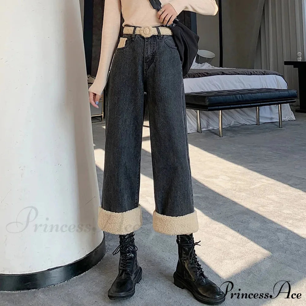 Winter Thick Velvet Fleece Faux Lambs Wool Stitching Fashion High Waist Casual Warm Wide Leg Denim Jean BLACK / S