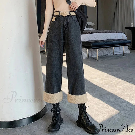 Winter Thick Velvet Fleece Faux Lambs Wool Stitching Fashion High Waist Casual Warm Wide Leg Denim Jean BLACK / S