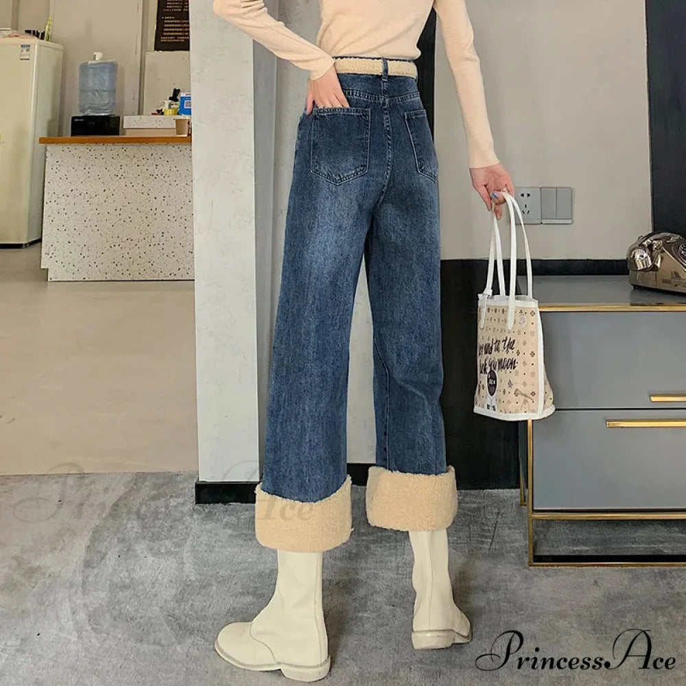 Winter Thick Velvet Fleece Faux Lambs Wool Stitching Fashion High Waist Casual Warm Wide Leg Denim Jean BLUE / S
