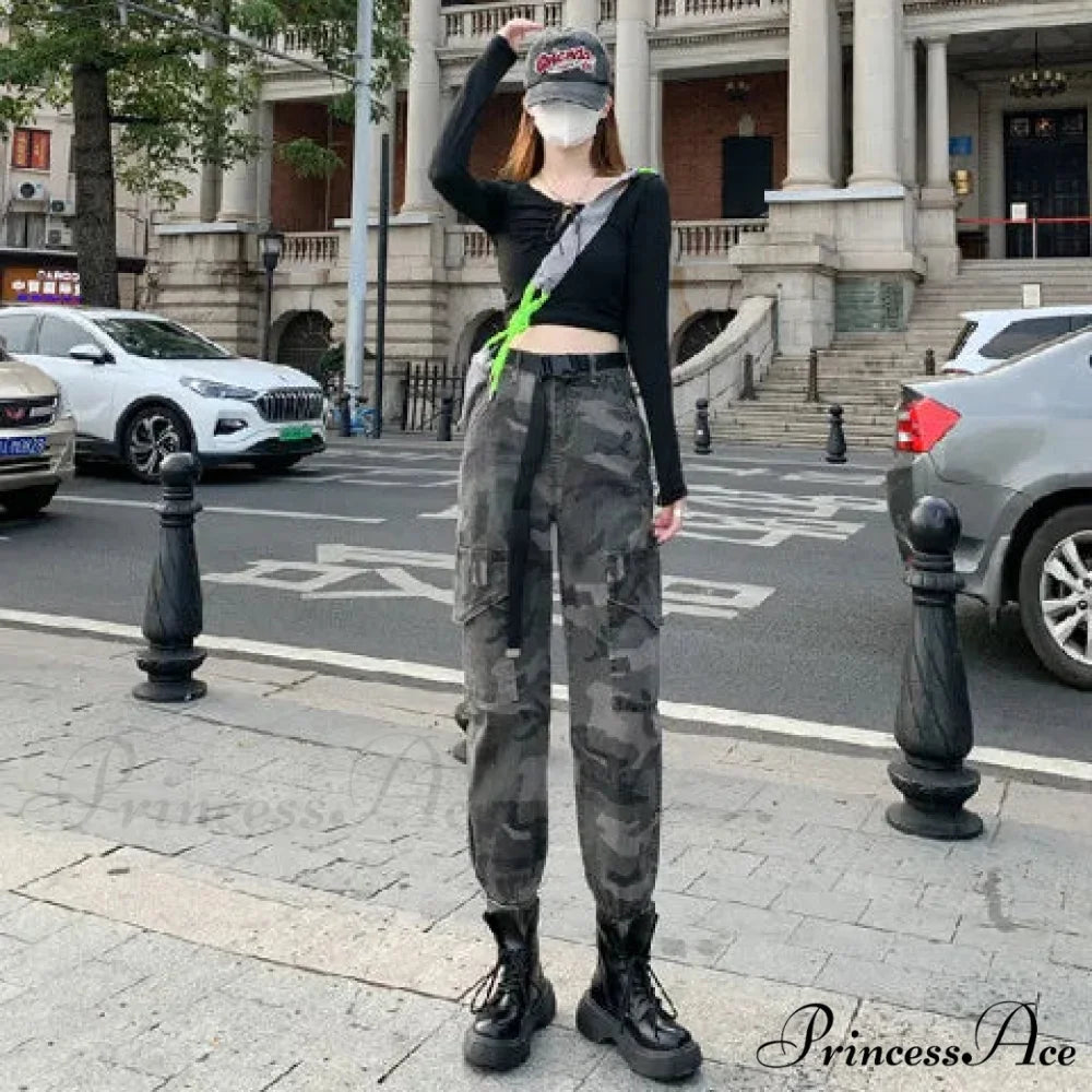 Winter Thick Warm Vintage Elastic Waist Wide Leg Loose Casual Denim Harem Denim Jean Army Green / XS