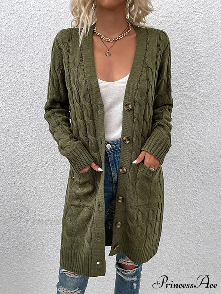 Winter Vintage Casual Loose Cardigan Army Green / S
