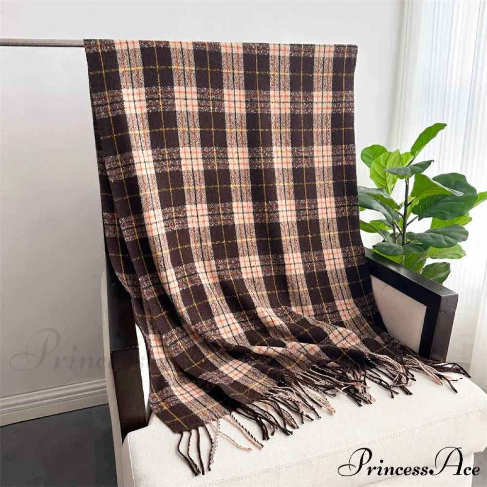 Winter Warm Cashmere-Like Plaid Blanket Wrap Scarf for Women BROWN