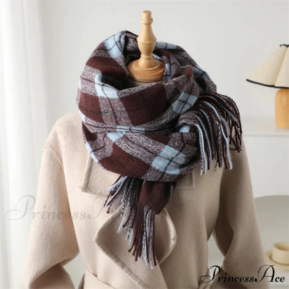 Winter Warm Cashmere-Like Plaid Blanket Wrap Scarf for Women BURGENDY