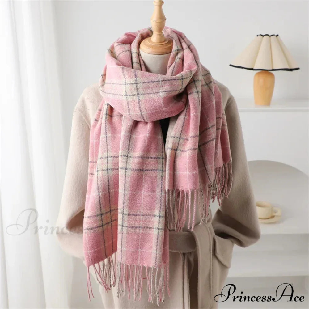 Winter Warm Cashmere-Like Plaid Blanket Wrap Scarf for Women PINK