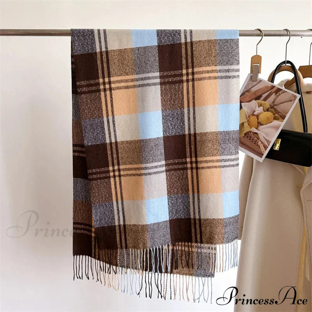 Winter Warm Colorful Cashmere Like Thick Pashmina Tassels Plaid Scarf BROWN-BLUE