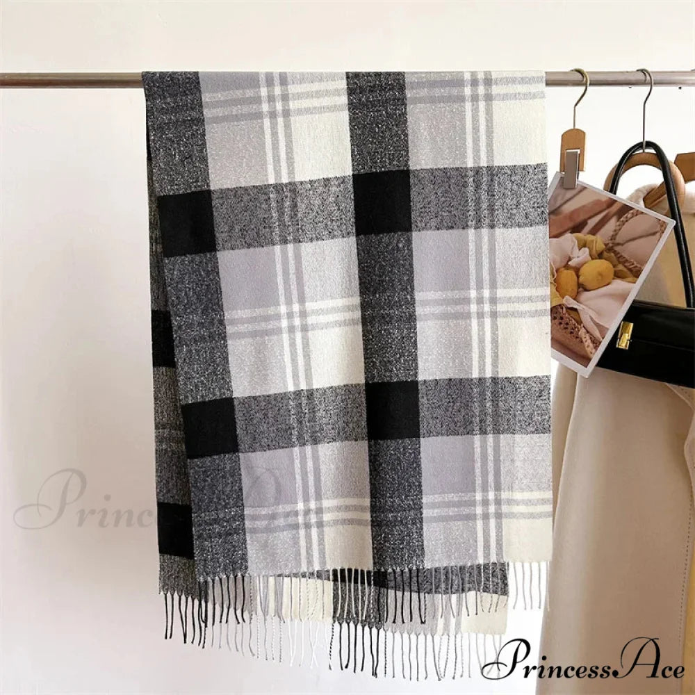 Winter Warm Colorful Cashmere Like Thick Pashmina Tassels Plaid Scarf GREY