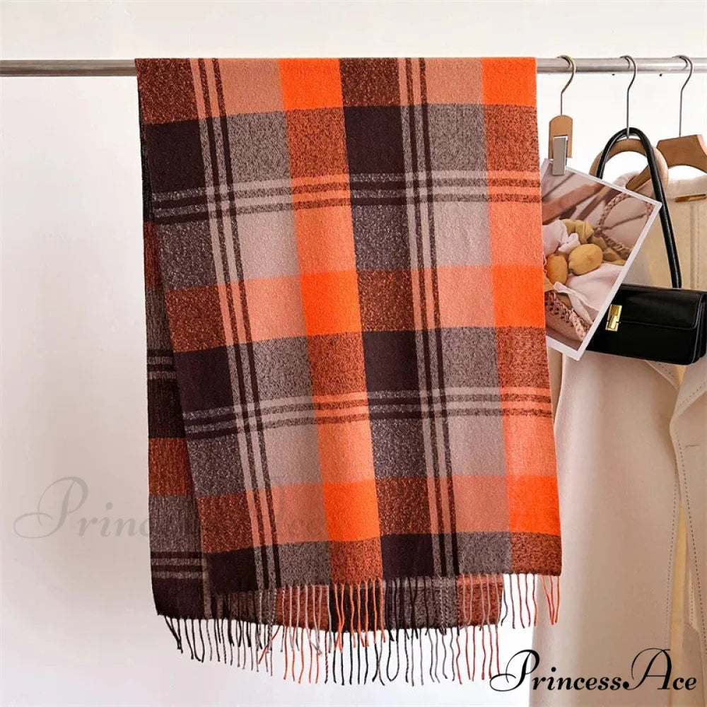 Winter Warm Colorful Cashmere Like Thick Pashmina Tassels Plaid Scarf ORANGE