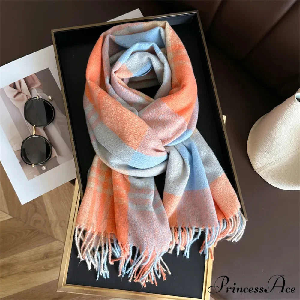 Winter Warm Colorful Cashmere Like Thick Pashmina Tassels Plaid Scarf ORANGE-LIGHT BLUE