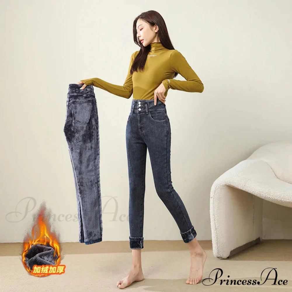 Winter Warm Women High Waist Skinny Thick Velvet Casual Lady Denim Pencil Pants Plus Size Fleece Slim Fit Stretch