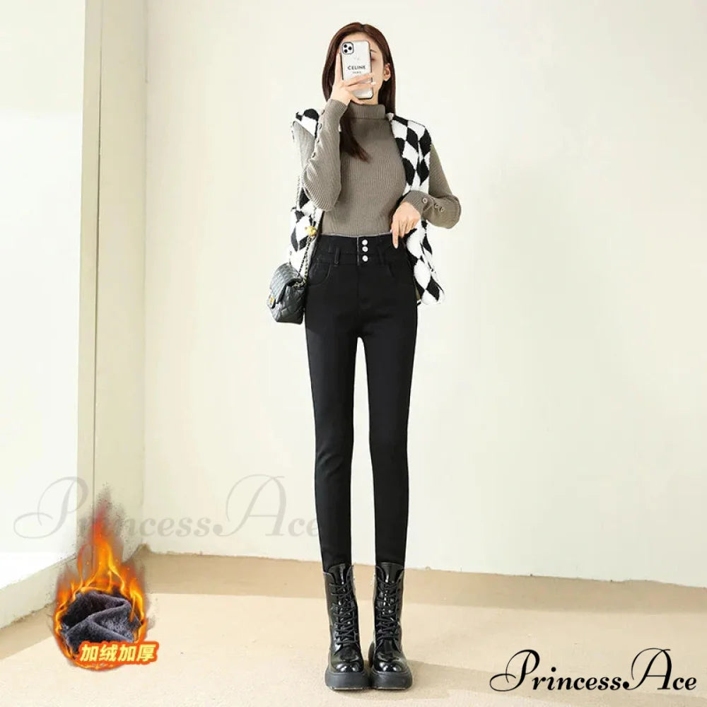 Winter Warm Women High Waist Skinny Thick Velvet Casual Lady Denim Pencil Pants Plus Size Fleece Slim Fit Stretch