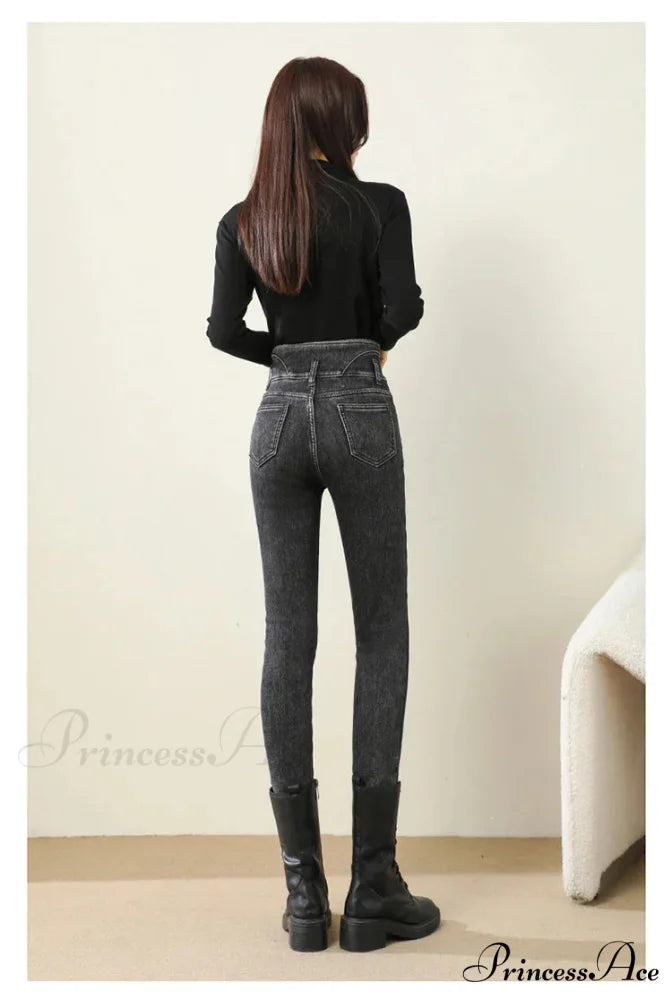 Winter Warm Women High Waist Skinny Thick Velvet Casual Lady Denim Pencil Pants Plus Size Fleece Slim Fit Stretch