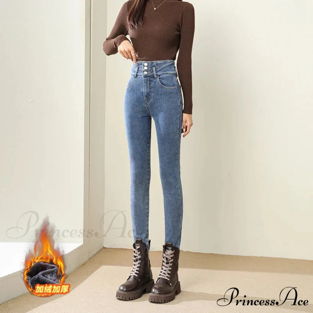 Winter Warm Women High Waist Skinny Thick Velvet Casual Lady Denim Pencil Pants Plus Size Fleece Slim Fit Stretch