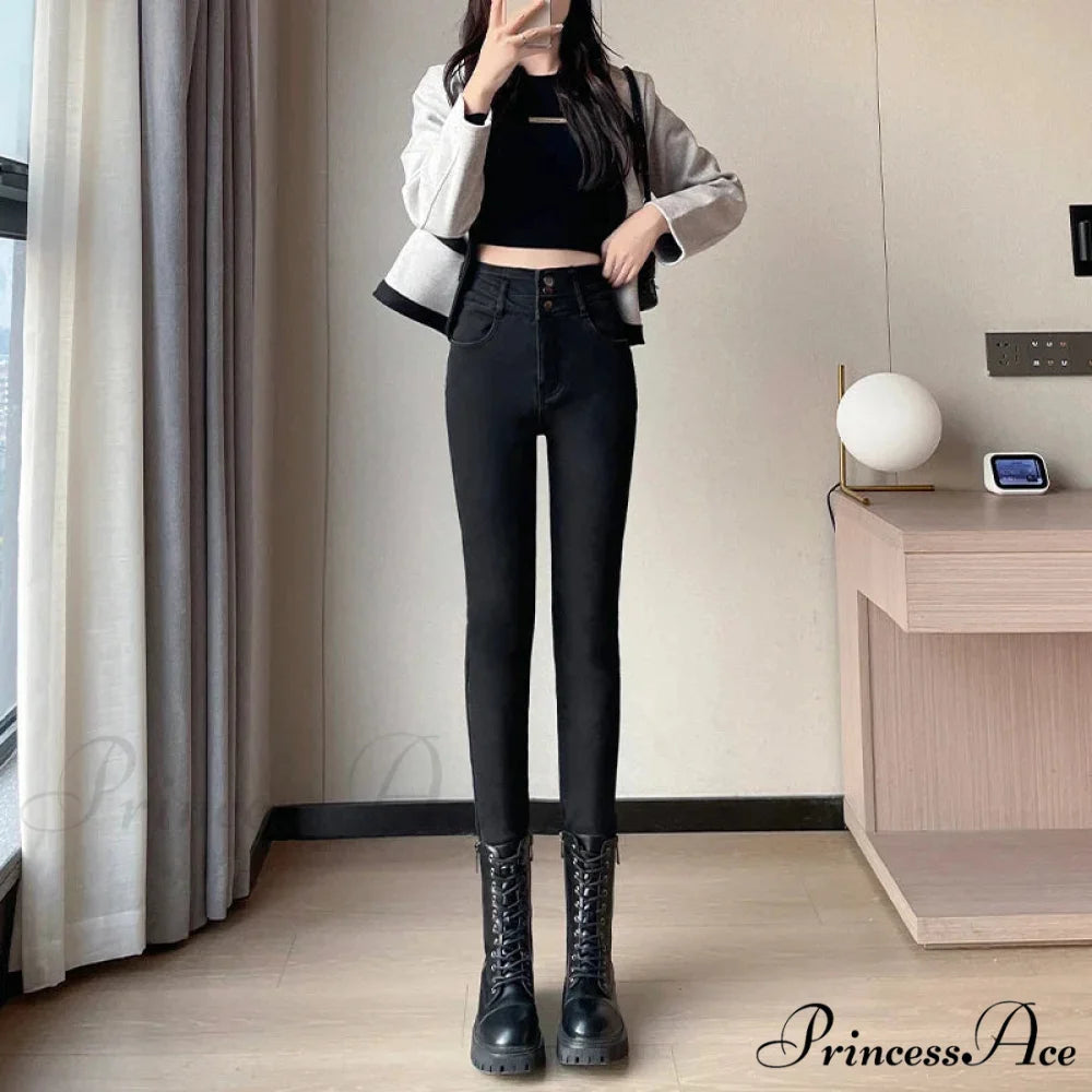 Winter Women Stretch Skinny Retro Patchwork Warm Thick Pencil Pants Slim Stretch Denim Trousers Jean Black-Plush / 25