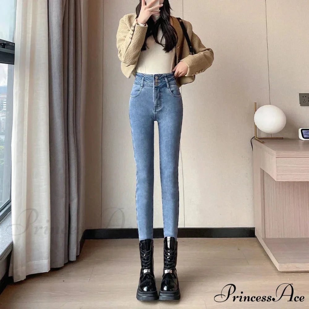 Winter Women Stretch Skinny Retro Patchwork Warm Thick Pencil Pants Slim Stretch Denim Trousers Jean Retro-Plush / 25