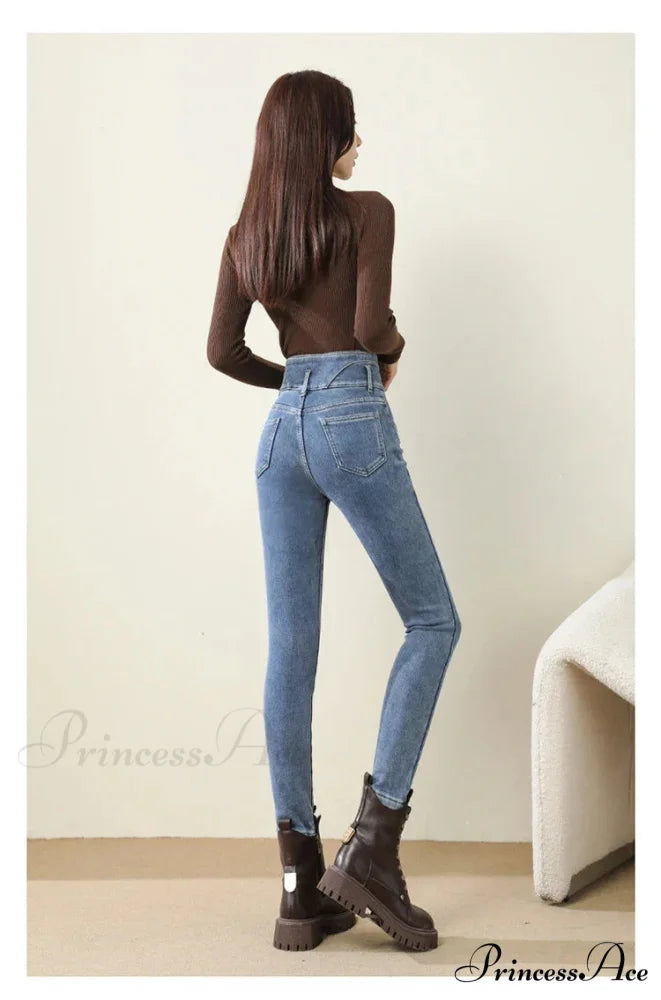 Winter Women Thicken Lamb Fluff High Waist Stretchy Fleece Lined Warm Slim Denim Pencil Pants Jean Blue Grey / 25