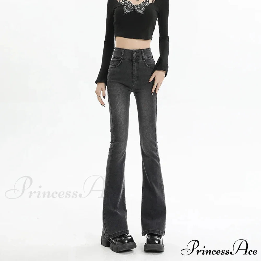 Winter Women’s Plus Velvet Warm Black Flare Vintage High Waist Harajuku Streetwear Wide Leg Straight Denim Trousers Y2K