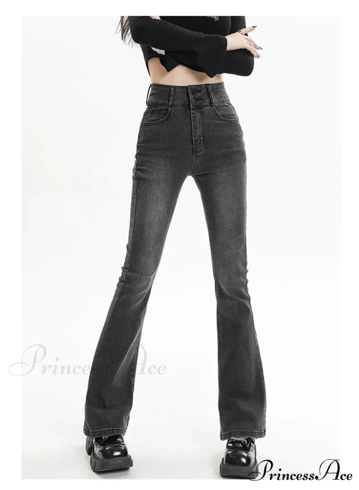 Winter Women’s Plus Velvet Warm Black Flare Vintage High Waist Harajuku Streetwear Wide Leg Straight Denim Trousers Y2K