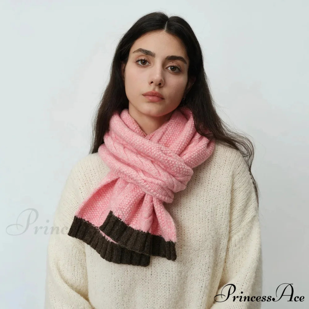 Winter Wool Blend Elegant Minimalist Two Color Splicing Scarf Coffee pink / L172CM W23CM