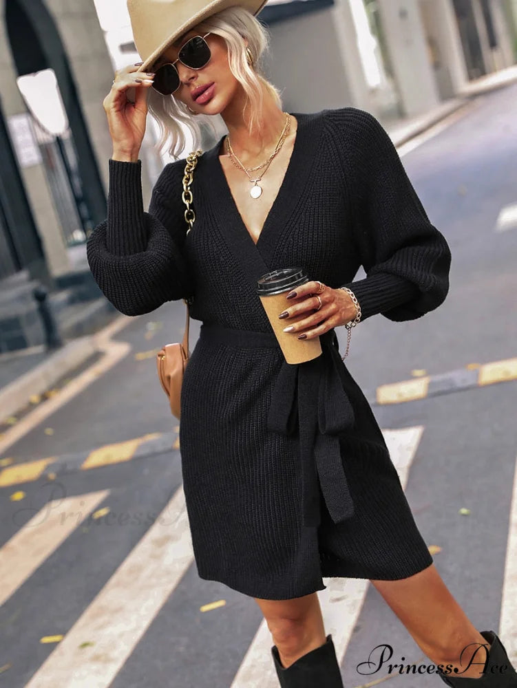 Winter Wrap Dress Women Long Sleeve Office Cardigan Tunic Solid Color XL / BLACK