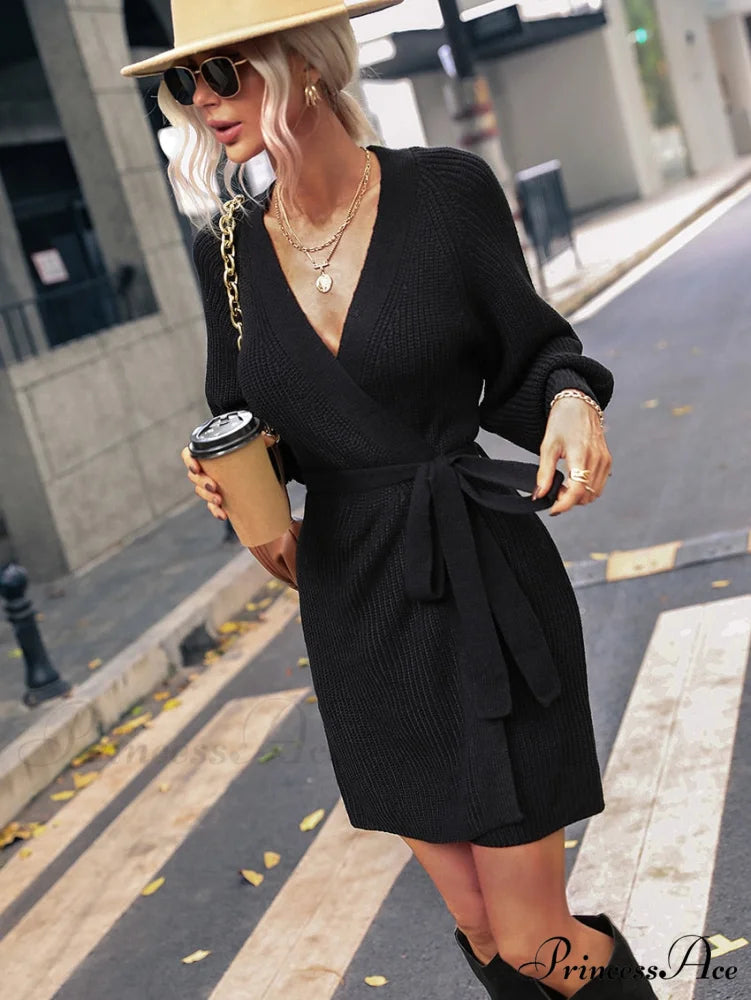 Winter Wrap Dress Women Long Sleeve Office Cardigan Tunic Solid Color XL / GREEN