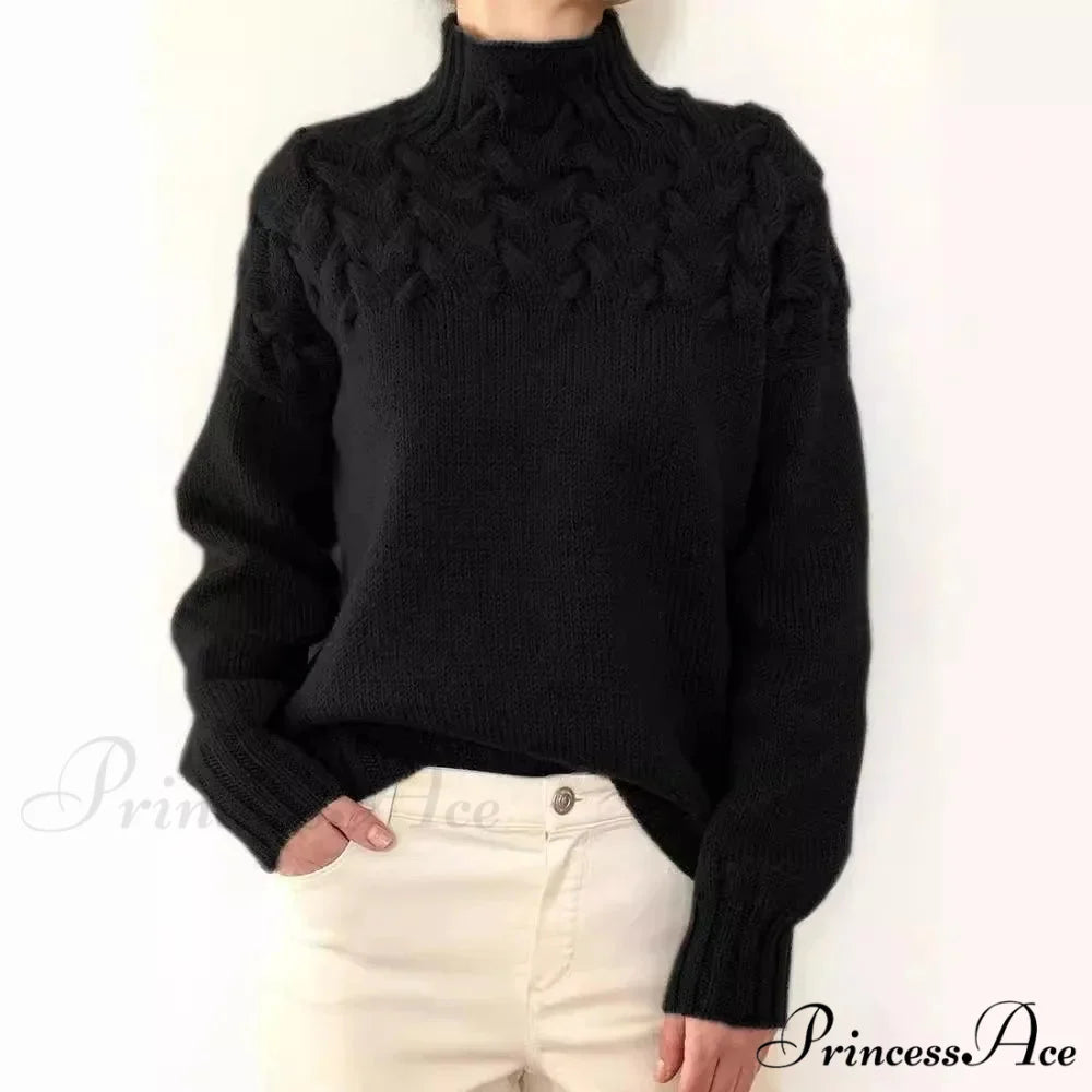 Wired Cable Knit High Neck Monochrome Jumper Black / S swraters-241228