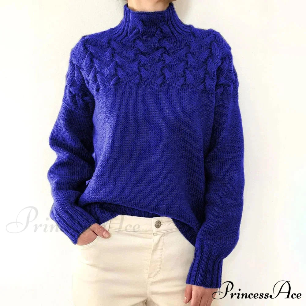 Wired Cable Knit High Neck Monochrome Jumper Blue / S swraters-241228