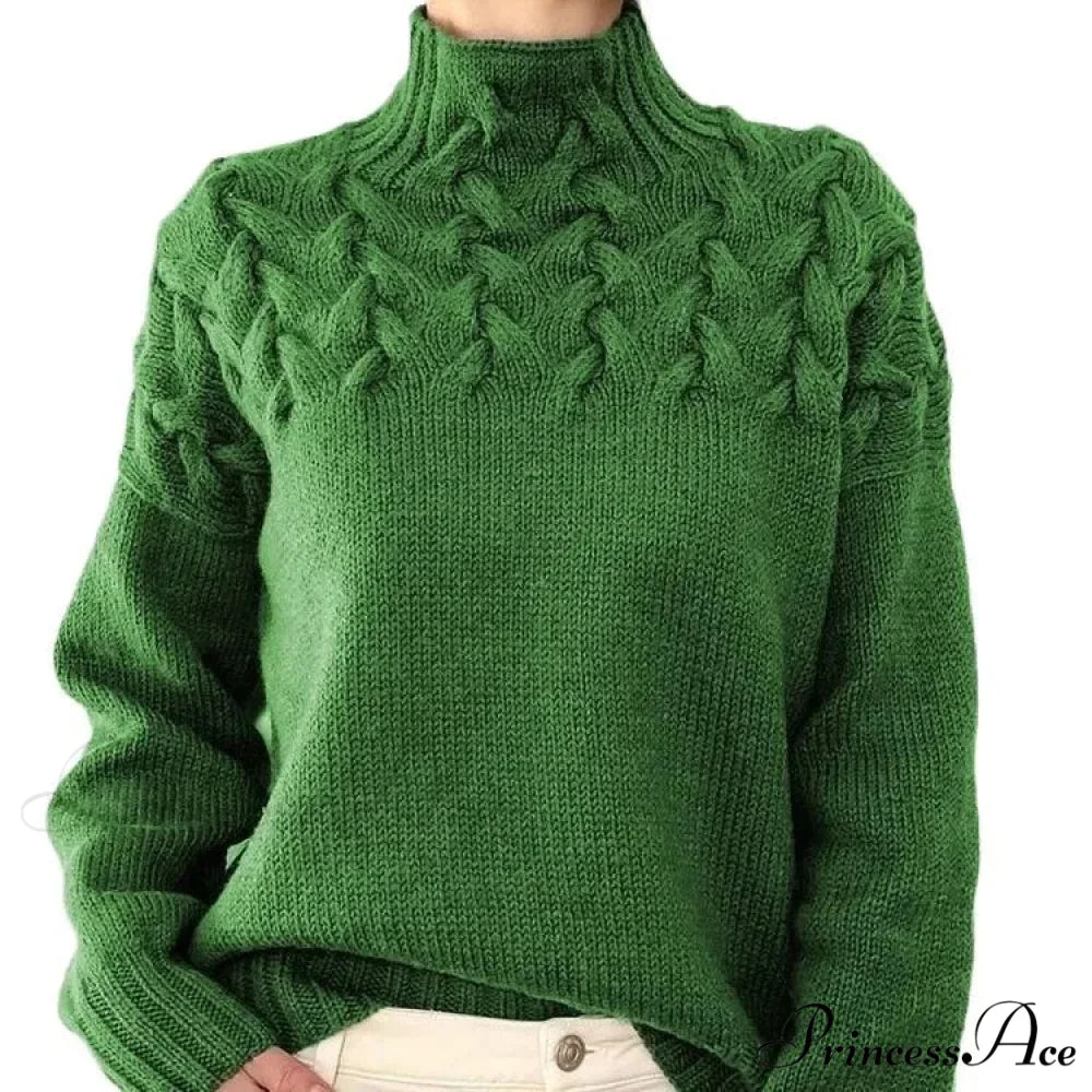 Wired Cable Knit High Neck Monochrome Jumper Green / S swraters-241228