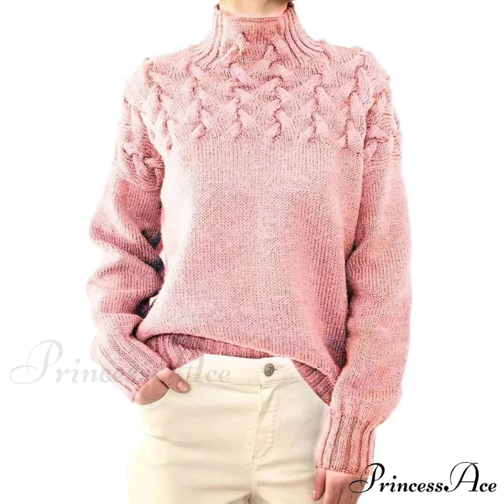 Wired Cable Knit High Neck Monochrome Jumper Pink / S swraters-241228