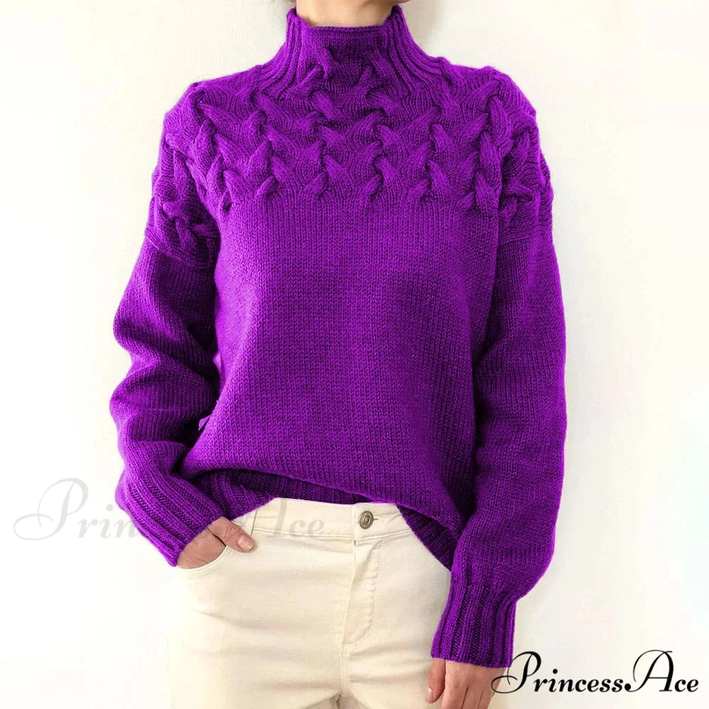 Wired Cable Knit High Neck Monochrome Jumper PURPLE / S swraters-241228