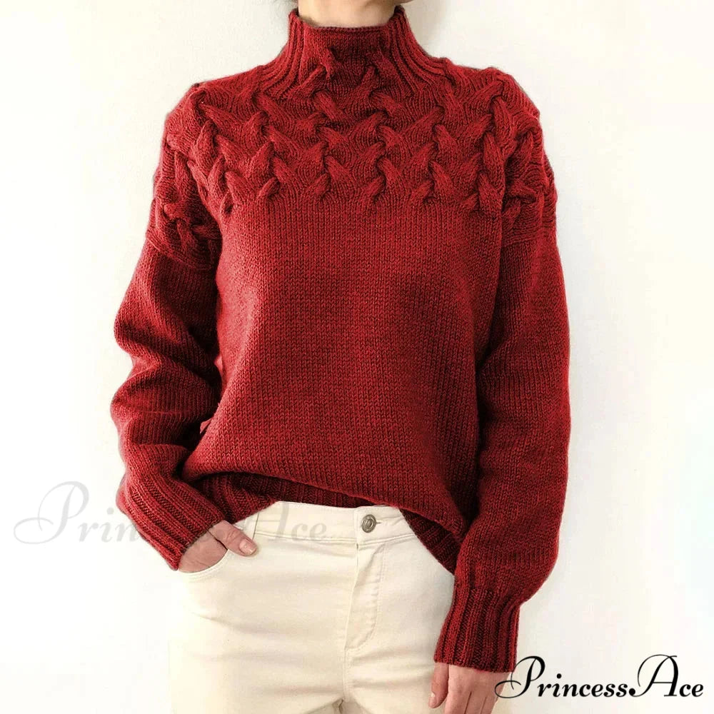 Wired Cable Knit High Neck Monochrome Jumper Red / S swraters-241228