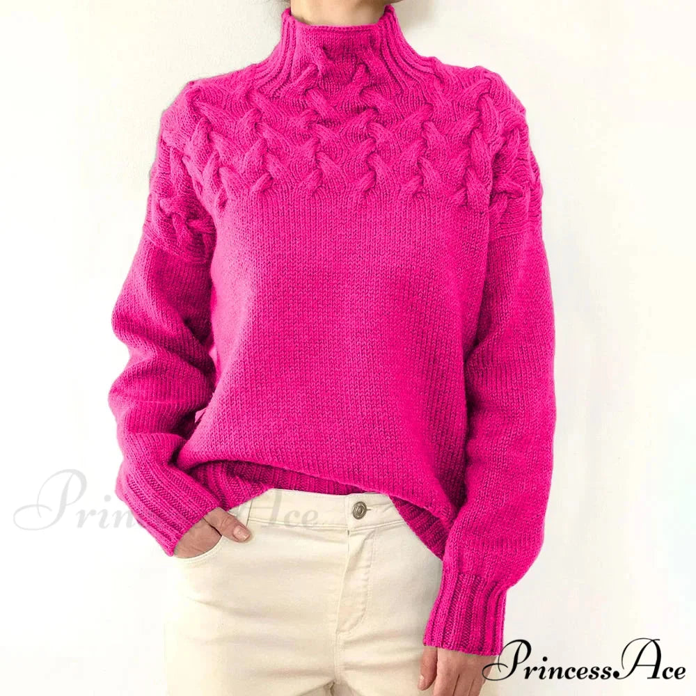 Wired Cable Knit High Neck Monochrome Jumper Rose Red / S swraters-241228