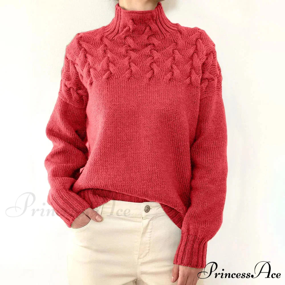 Wired Cable Knit High Neck Monochrome Jumper Watermelon red / S swraters-241228