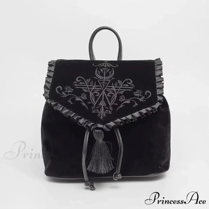 Witch Harajuku Magic Embroidery Velvet Gothic Punk Rock Backpack Bag Black / 28x11x30cm