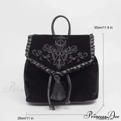 Witch Harajuku Magic Embroidery Velvet Gothic Punk Rock Backpack Bag Black / 28x11x30cm