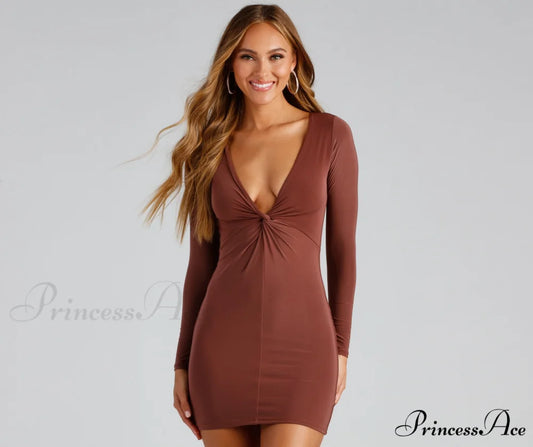 With A Twist Charming Long Sleeve Mini Dress RED BROWN / XS
