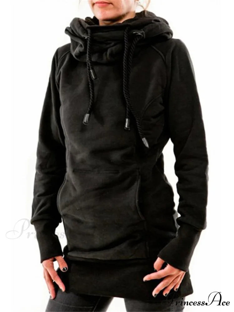 with and Front Hooded Pocket Fit Slim Sweatshirt Pullover Drawstring Black / S