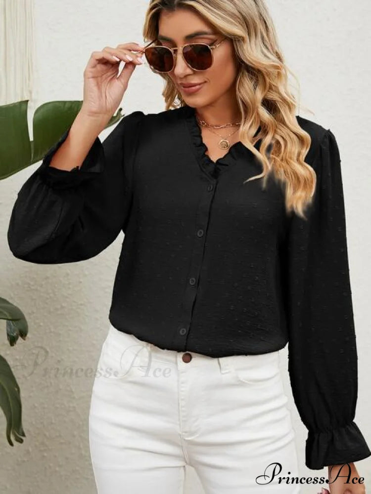 with Arm Blouse V-Neck Flounce Button Up Black / S