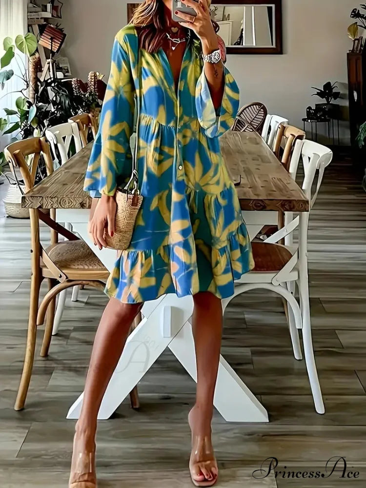 with Arm Long Gown Leaves Full-Length Tiered Print M / Pink
