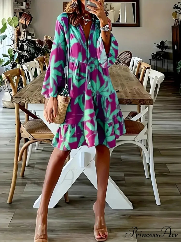 with Arm Long Gown Leaves Full-Length Tiered Print M / Purple