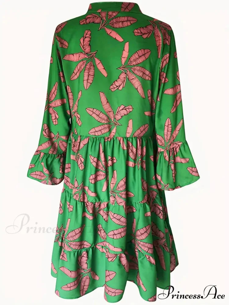 with Arm Long Gown Leaves Full-Length Tiered Print S / Blue