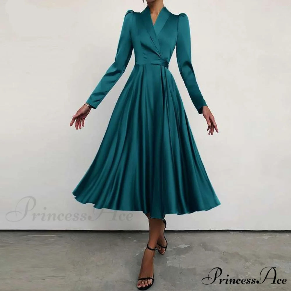 with Autumn Gown Neckline Elegant Folded Satin - Suit Women’s Waist Parties Midi Swing for Bandage Vestidos