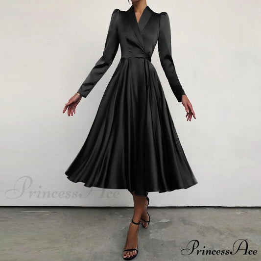 with Autumn Gown Neckline Elegant Folded Satin - Suit Women’s Waist Parties Midi Swing for Bandage Vestidos black / S