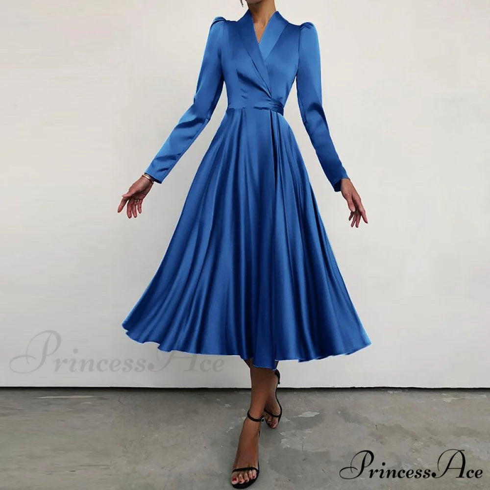 with Autumn Gown Neckline Elegant Folded Satin - Suit Women’s Waist Parties Midi Swing for Bandage Vestidos Blue / S