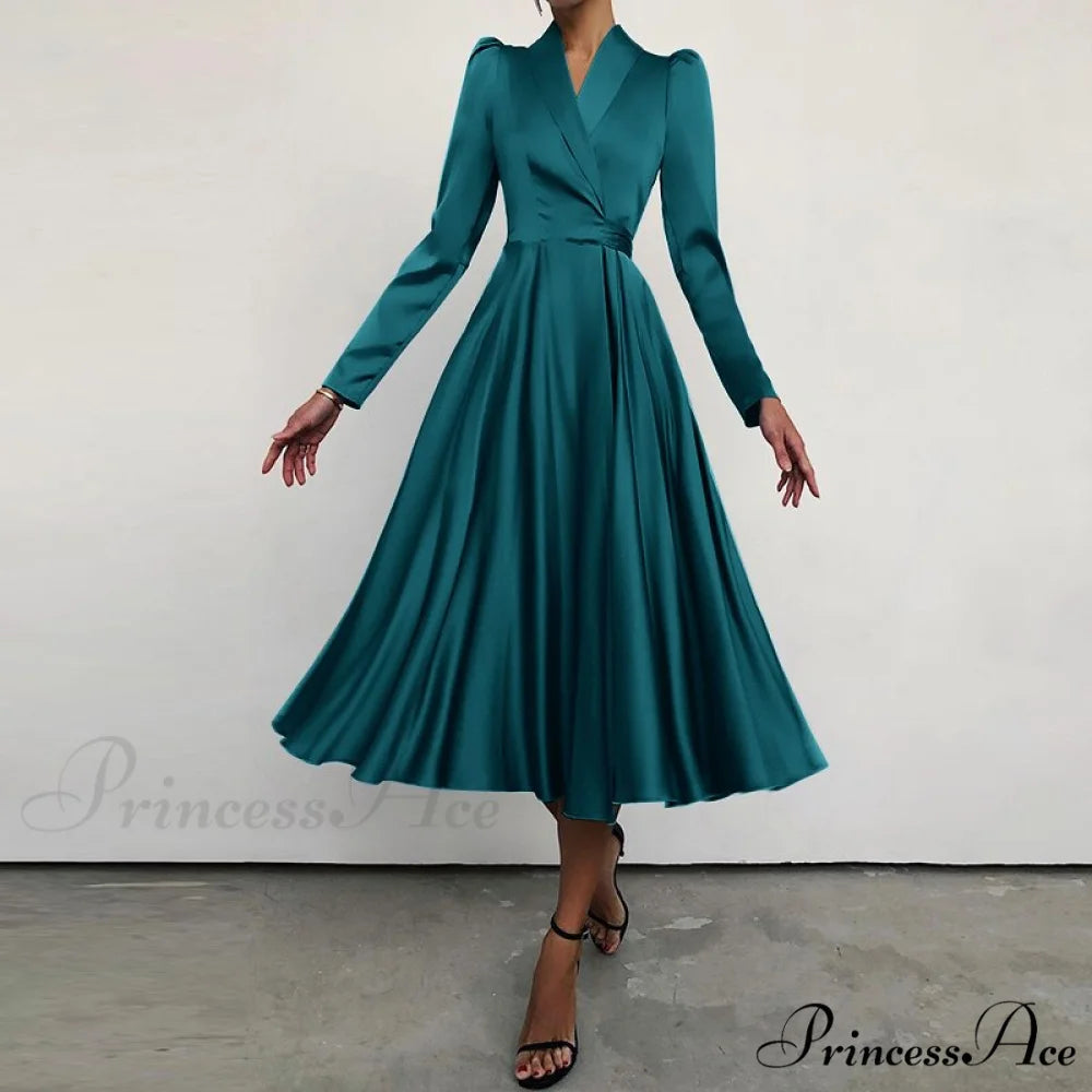 with Autumn Gown Neckline Elegant Folded Satin - Suit Women’s Waist Parties Midi Swing for Bandage Vestidos green / S