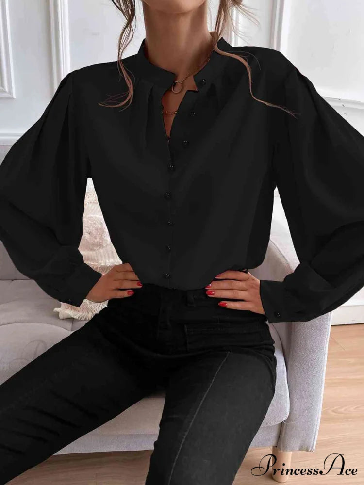 with Blouse Long Front Arm Button Mock Neck