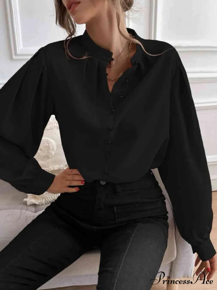 with Blouse Long Front Arm Button Mock Neck Black / S