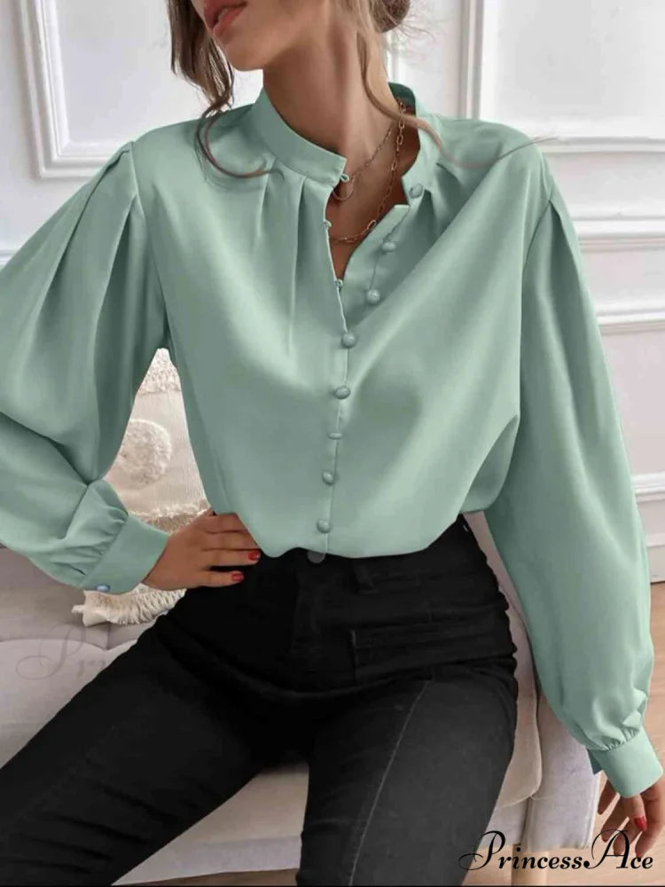 with Blouse Long Front Arm Button Mock Neck Gum Leaf / S