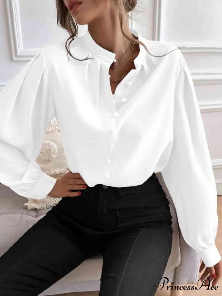 with Blouse Long Front Arm Button Mock Neck White / S