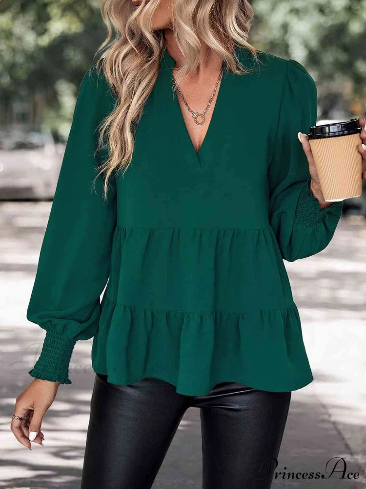 with Blouse Notched Arm Lantern Neck Green / S